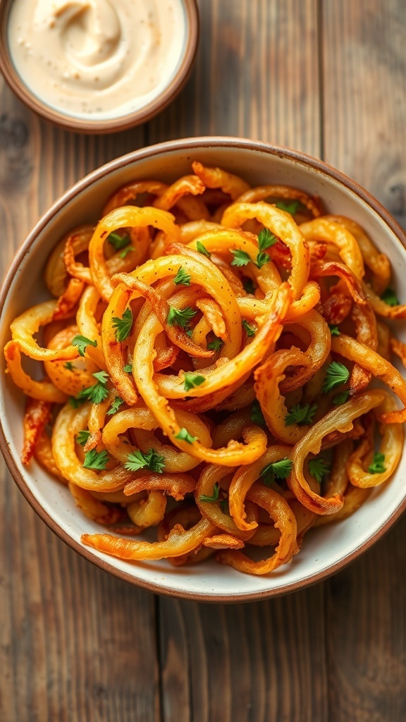 Crispy Air Fryer Onions Recipe Crispy air-fried onions in a bowl, garnished with herbs, on a wooden table with dipping sauce.